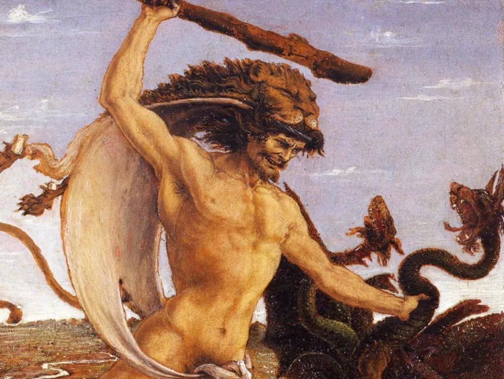 Deuxième des Travaux d'Héraclès, son combat contre l'hydre de Lerne, un monstre possédant plusieurs têtes. Tableau